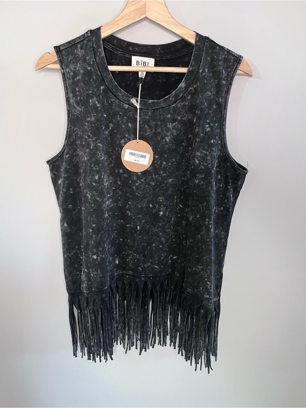 BiBi Black Acid-Wash Fringe Tank Top